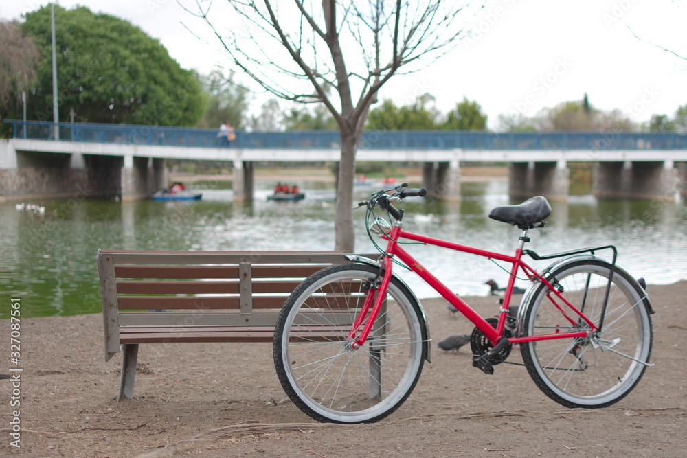 Bicicleta roja fernete a un lago