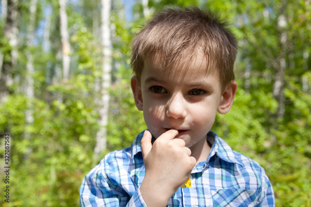 boy on a background of green trees boy on a background of green trees