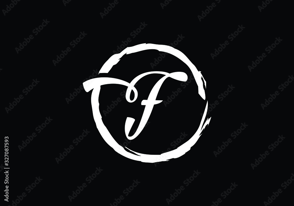 Script letter F  in a brush circle on black background, Monogram Calligraphy hand drawn alphabet initials and brush circle.