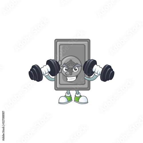 Security box closed mascot icon on fitness exercise trying barbells