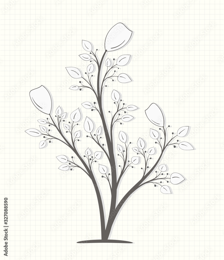 Three flowers on branches with leaves and berries in vintage style in a gray tone isolated on a light background