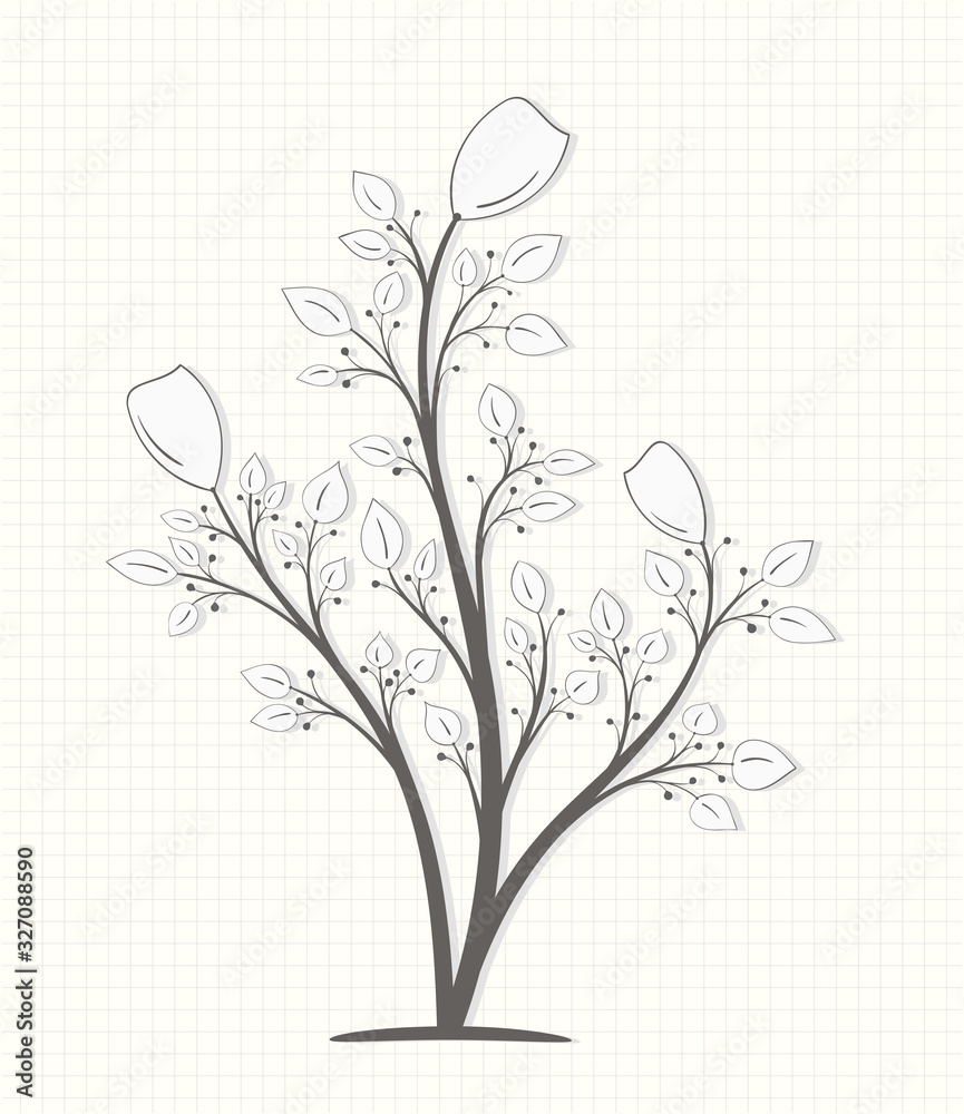 Three flowers on branches with leaves and berries in vintage style in a gray tone isolated on a light background Three flowers on branches with leaves and berries in vintage style in a gray tone isolated on a light background