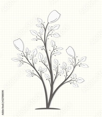 Three flowers on branches with leaves and berries in vintage style in a gray tone isolated on a light background