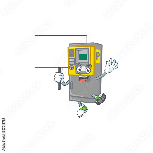 A picture of parking ticket machine cartoon character with board