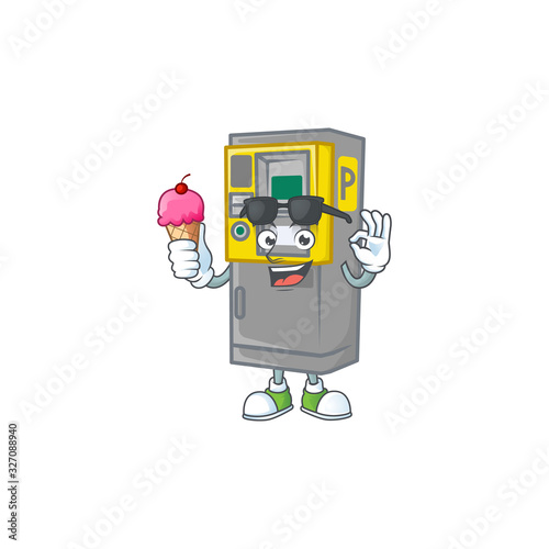 Parking ticket machine mascot cartoon style eating an ice cream