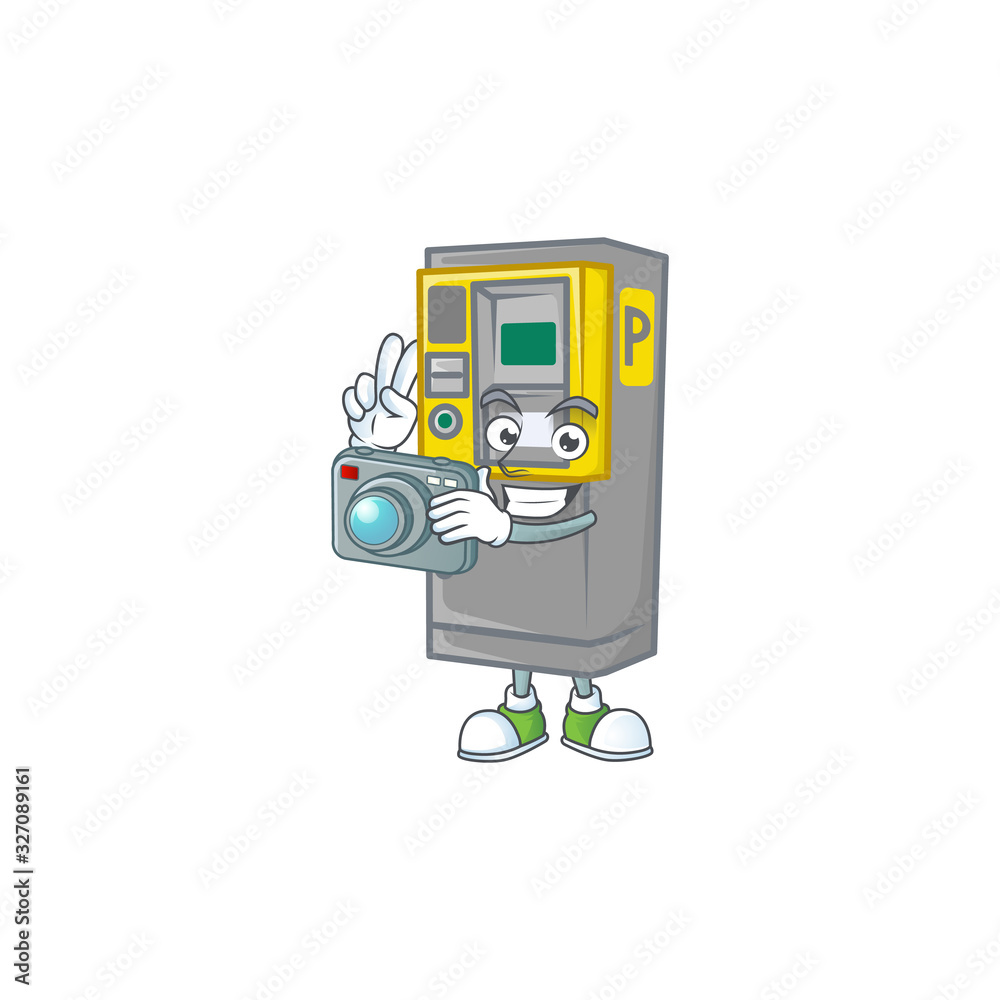 Naklejka premium A parking ticket machine Photographer cartoon character in action with a camera