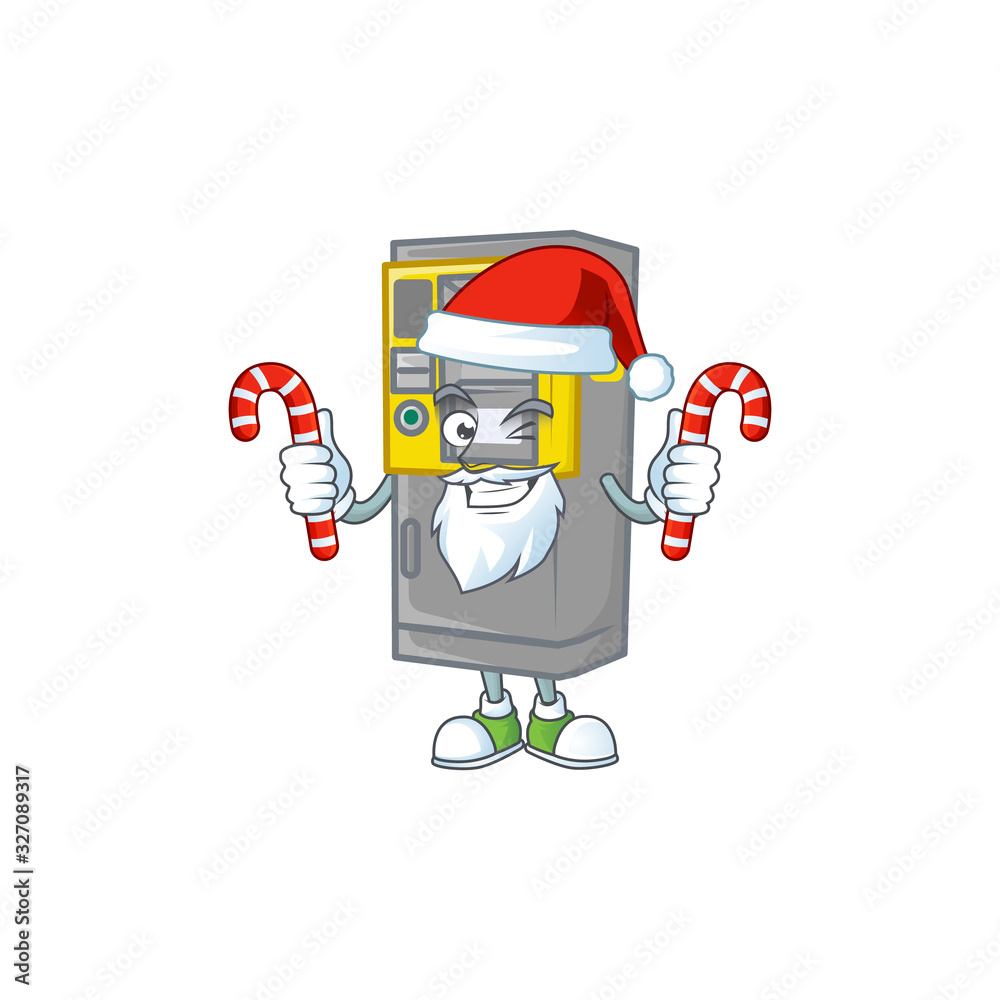 cartoon mascot style of parking ticket machine in Santa costume with candy cartoon mascot style of parking ticket machine in Santa costume with candy