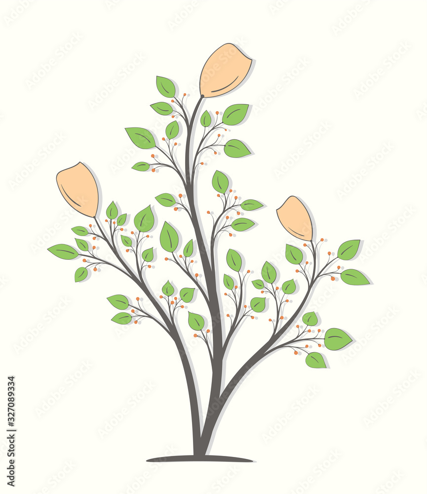 Three flowers on branches with green leaves and orange berries isolated on a light background Three flowers on branches with green leaves and orange berries isolated on a light background