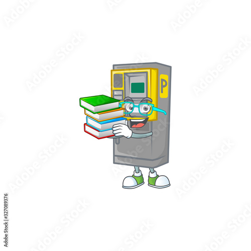 A brainy clever cartoon character of parking ticket machine studying with some books