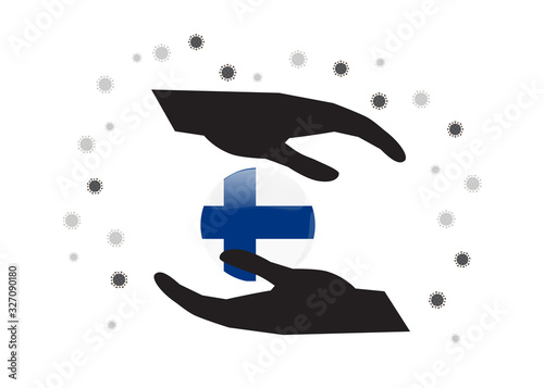 Hand holding finland flag in cycle symbol, Protect finnish people from coronavirus  or COVID-19 concept, Save finland, sign symbol background, vector illustration. 