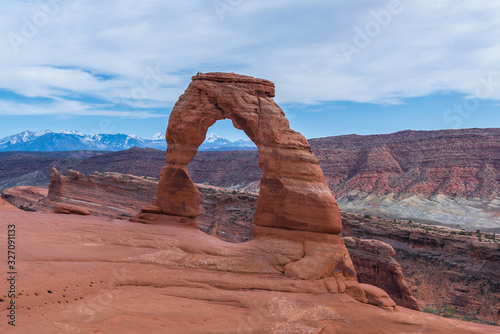 Beautiful Delicate Arch during sunny day in Arches National Park Utah United States