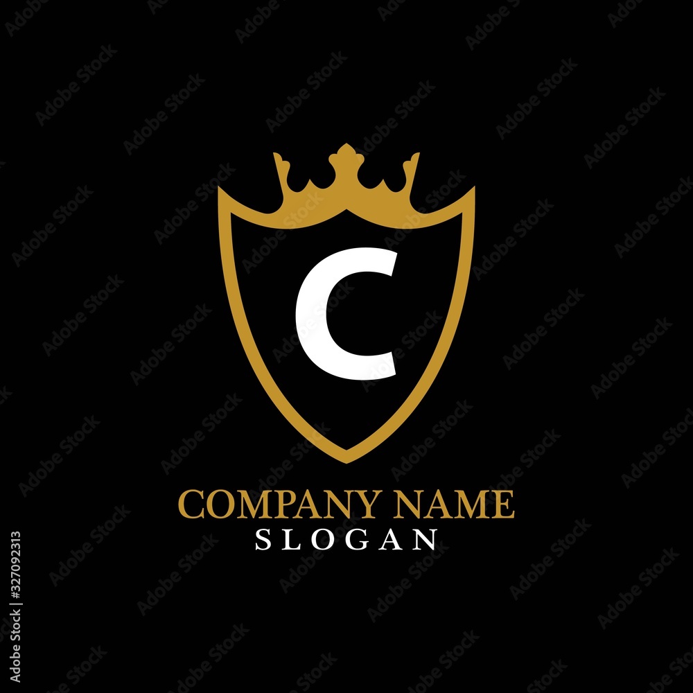 Illustration of Shield Shape with letter C in the middle and Luxury Crown. Logo Icon Template for Web and Business Card, Letter Logo Template on Black Background Illustration of Shield Shape with letter C in the middle and Luxury Crown. Logo Icon Template for Web and Business Card, Letter Logo Template on Black Background
