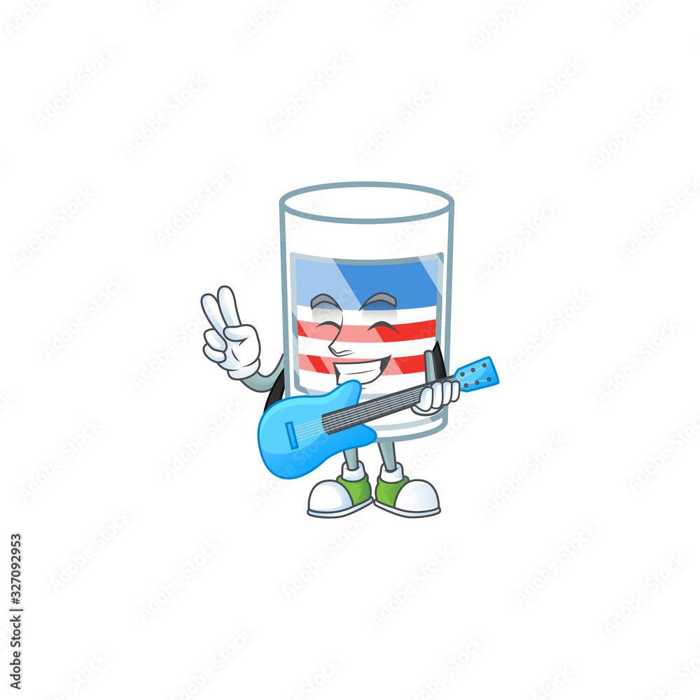 A cartoon character of USA stripes glass playing a guitar