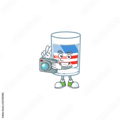 A USA stripes glass Photographer cartoon character in action with a camera