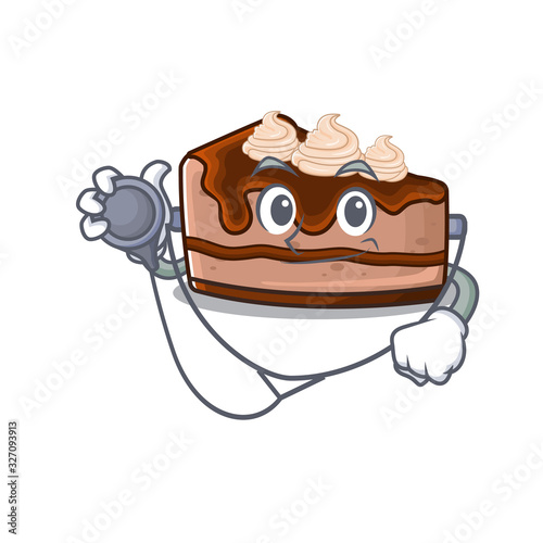 A mascot picture of chocolate cheesecake cartoon as a Doctor with tools