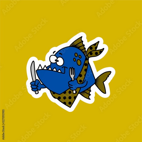  Sticker of Blue Fish Bring a Fork and Knife to Eat, Cute Funny Character, Flat Design