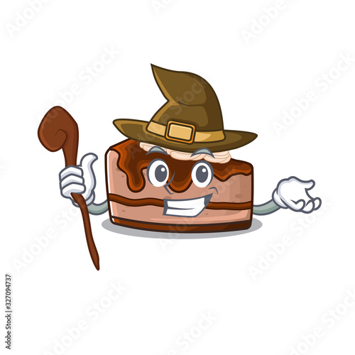 a mascot concept of chocolate cheesecake performed as a witch