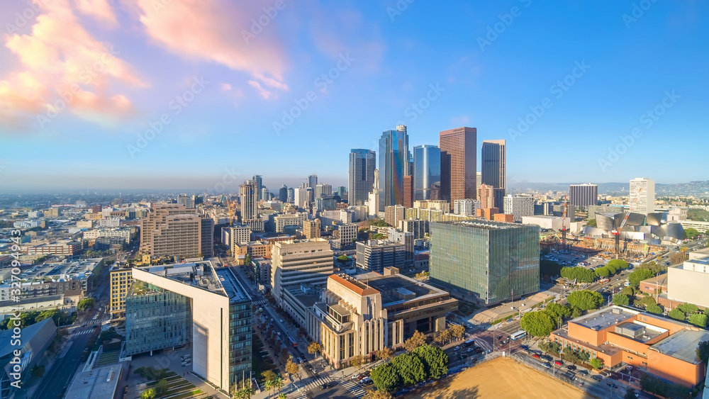 Beautiful sunset of Los Angeles downtown skyline