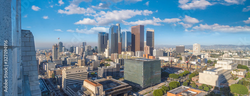 Beautiful sunset of Los Angeles downtown skyline in CA