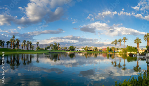 View of water features on a golf course in Palm Desert, CA.Palm Desert and Palm Springs are popular golf destinations. 