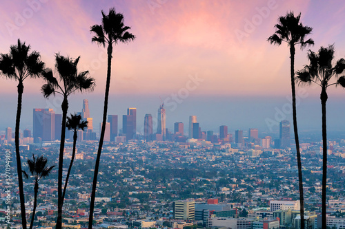 Obraz na plátně Beautiful sunset of Los Angeles downtown skyline