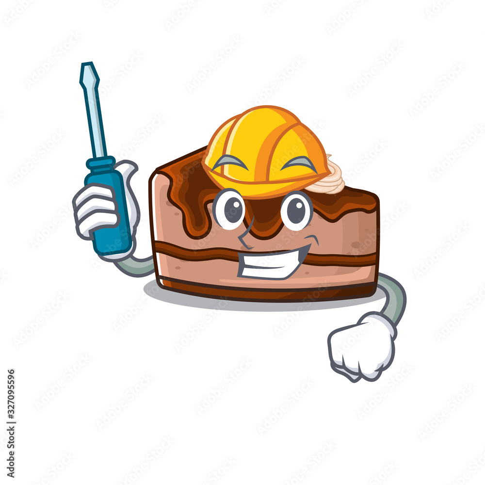 cartoon character style chocolate cheesecake working as an automotive