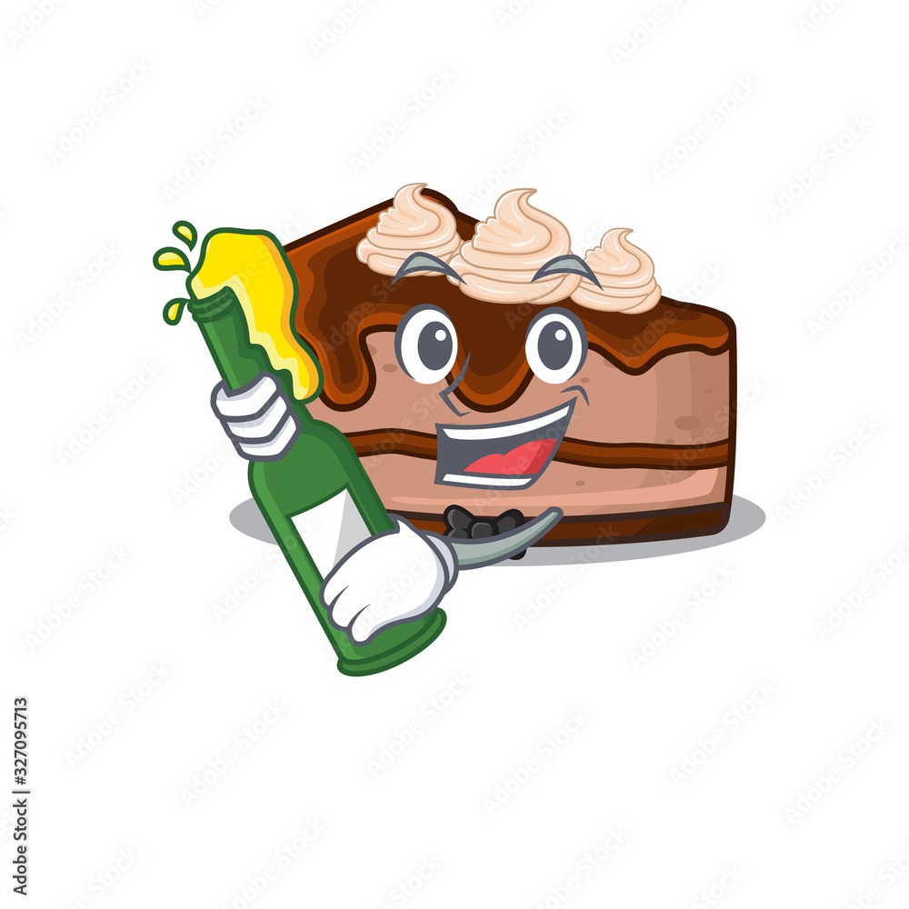 mascot cartoon design of chocolate cheesecake with bottle of beer