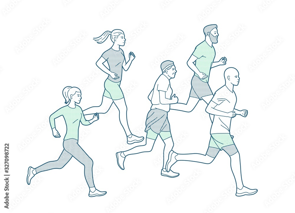 Runners group in motion. Running men and women sports background. People runner race, training to marathon, jogging and running illustration. Different gender and age marathon runners.
