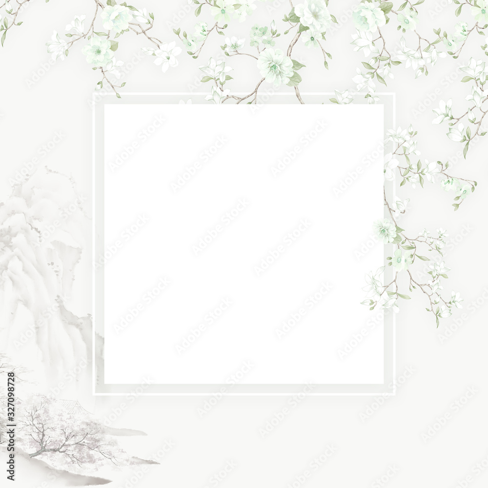 Chinese painting of blossoming magnolia tree.  can be used for  floral poster, invite. Decorative greeting card or invitation design background