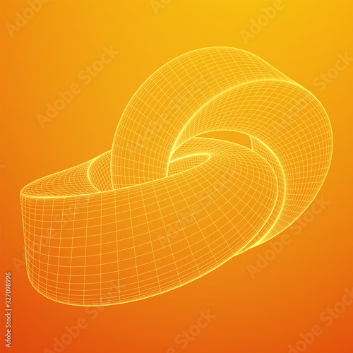 Mobius strip ring knot sacred geometry. Spatial figure with upturned surfaces. Optical illusion with dual circular contour. Wireframe low poly mesh vector illustration.