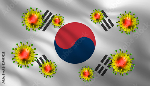 novel Coronavirus 2019-nCov with south korea flag, 3d realistic vector asian flu outbreak and influenza pandemic wuhan virus. microscope. Perfect for banner, background.