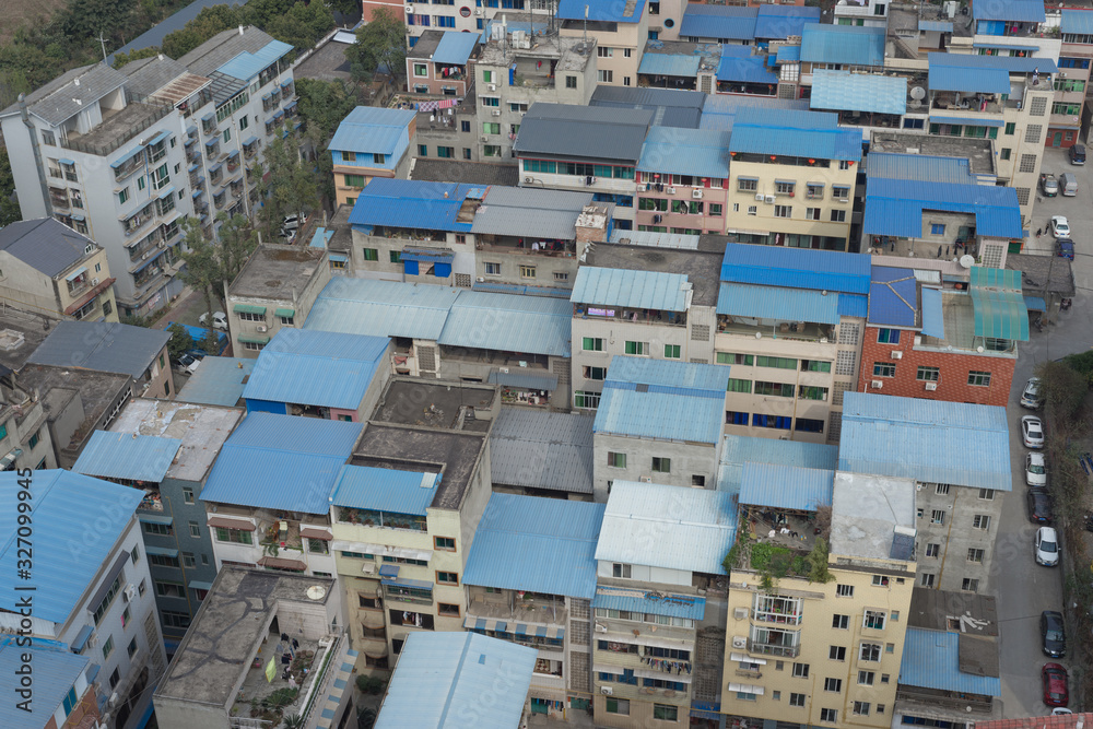 mianyang,china-Mar 11,2018:gutter area with blue roof.
