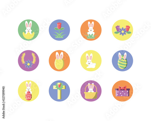 easter egg and happy easter icons set, block style design