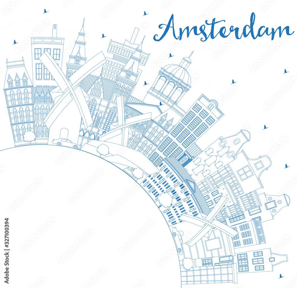 Outline Amsterdam Holland City Skyline with Blue Buildings and Copy Space.