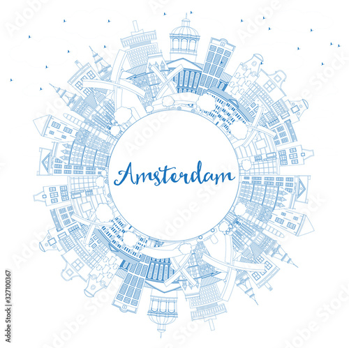 Outline Amsterdam Holland City Skyline with Blue Buildings and Copy Space.