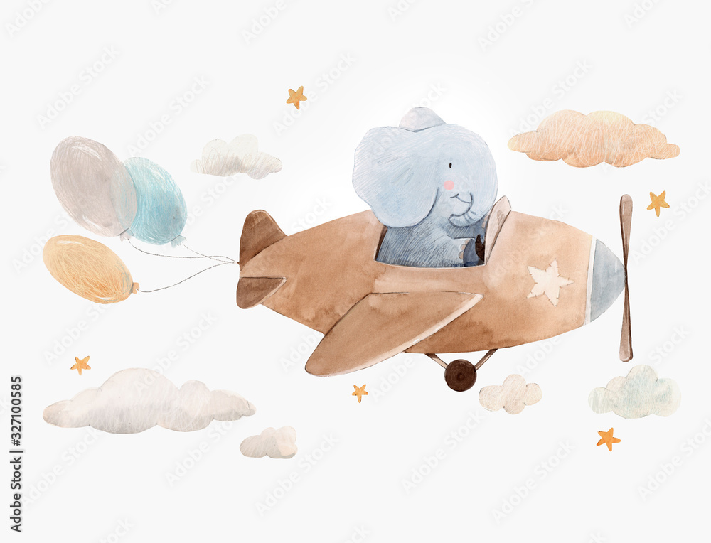 Fototapeta Cute watercolor artwork with baby elephant on the plane with air baloons, clouds and stars. Stock illustration.