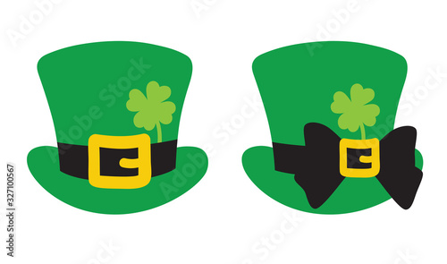Vector illustration of leprechaun green top hat with clover for St. Patrick’s Day.