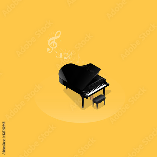 Realistic isometric illustration of black grand piano .