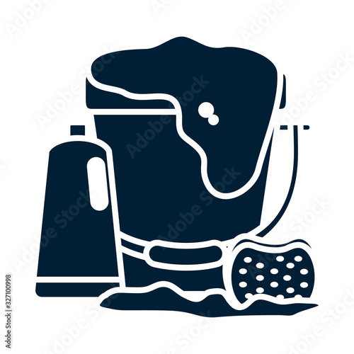 detergent bottle sponge and bucket silhouette style icon vector design