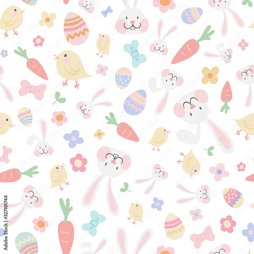 Vector hand drawn Easter seamless pattern with cute bunnies, chicken, eggs and flowers Vector hand drawn Easter seamless pattern with cute bunnies, chicken, eggs and flowers