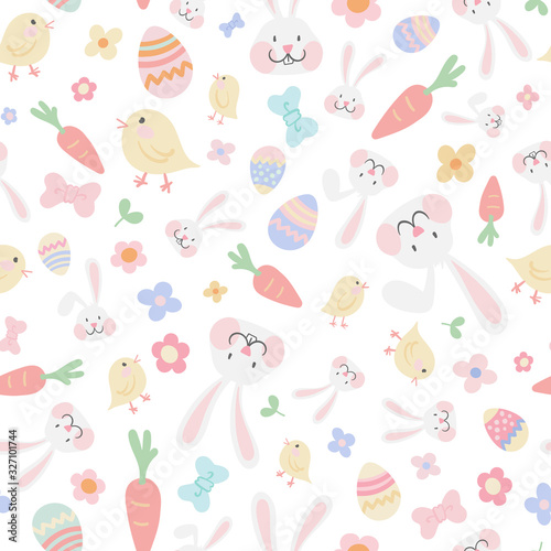 Vector hand drawn Easter seamless pattern with cute bunnies, chicken, eggs and flowers