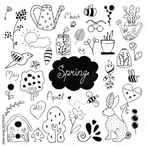 Big doodle set of spring elements vector illustration. Watering can, rabbit, tree, flowers, plant, bird house, jar, bee and other symbols.