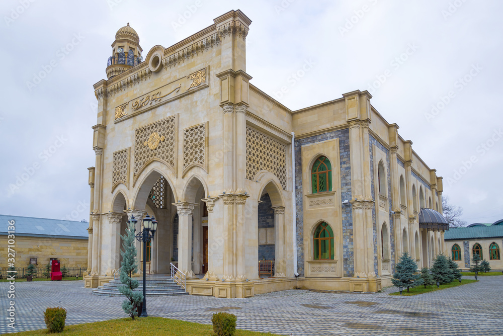 Building of city mosque  close-up on January cloudy day, Gabala. Azerbaijan