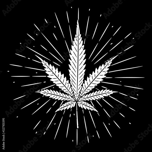 Cannabis leaf. Hand drawn vector illustration. Used for poster, banner, t-shirt print, bag print, badges and logo design.