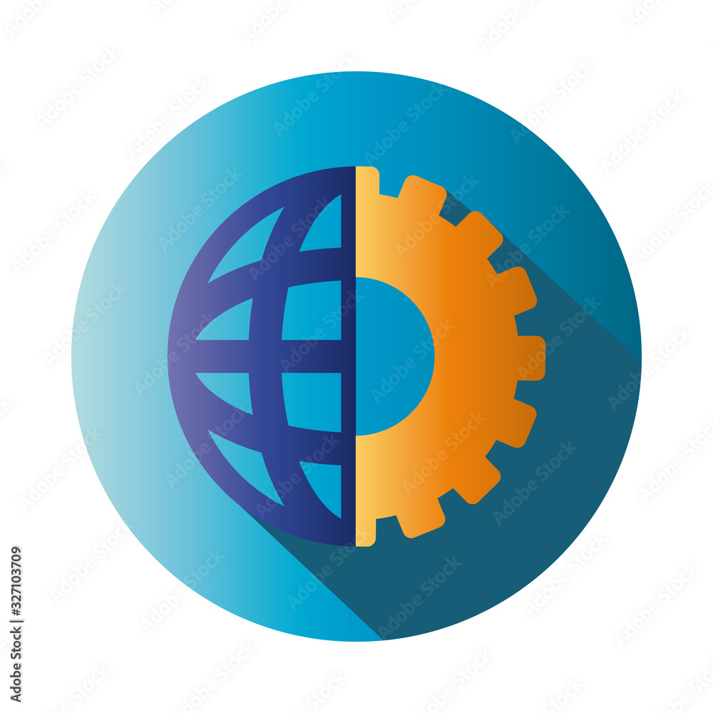 Isolated global sphere with gear block gradient style icon vector design Isolated global sphere with gear block gradient style icon vector design