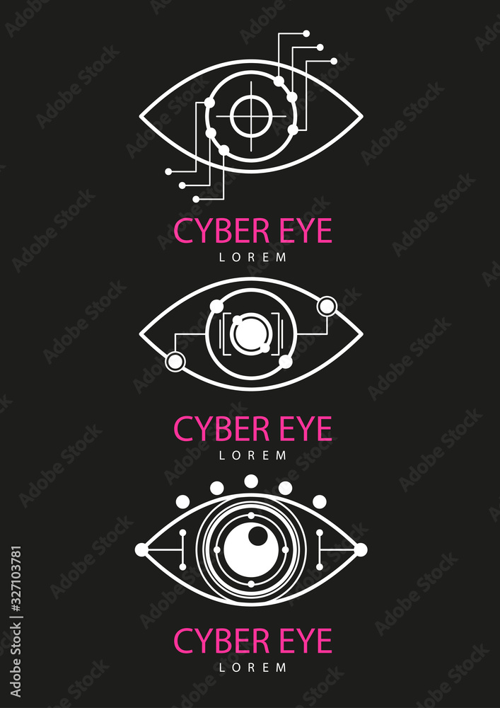 Eye Scanner Logo Set .Cyber eye on a  black background .Electronic nanotechnology .Technologies of the future .Vector illustration .	