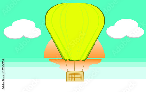 hot air balloon in the sky with clouds and sun