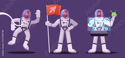 Astronaut character exploring outer space. Cartoon vector illustration