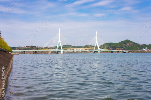 modern tightwire bridge with blue sky