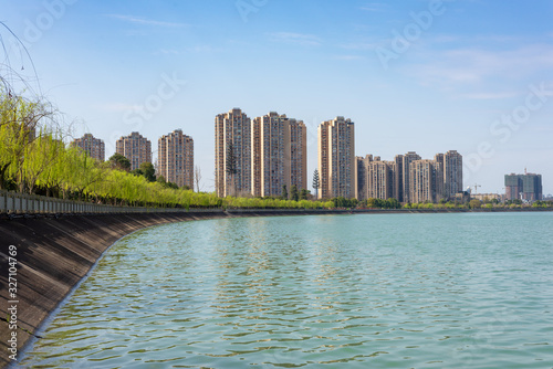 skyline of big city with water at mianyang china photo